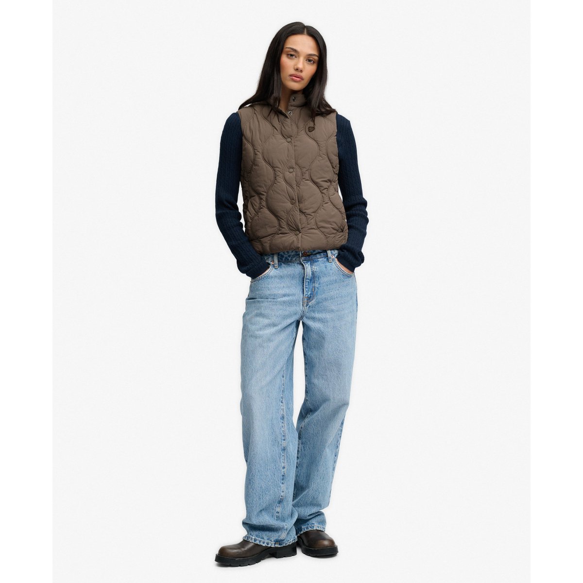 Gilet Matelassé Froissé à Boutons-Pression kaki foncé, SUPERDRY