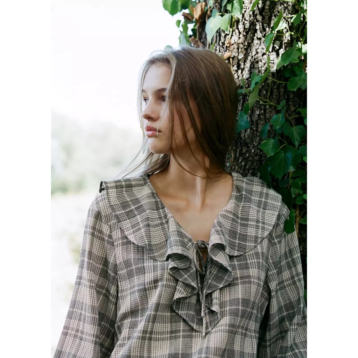 Blouse à carreaux à volant blanc cassé, MANGO TEEN