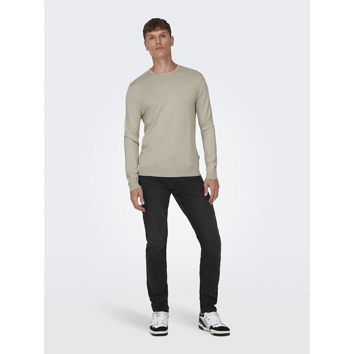 Pull léger col rond droit beige, ONLY & SONS