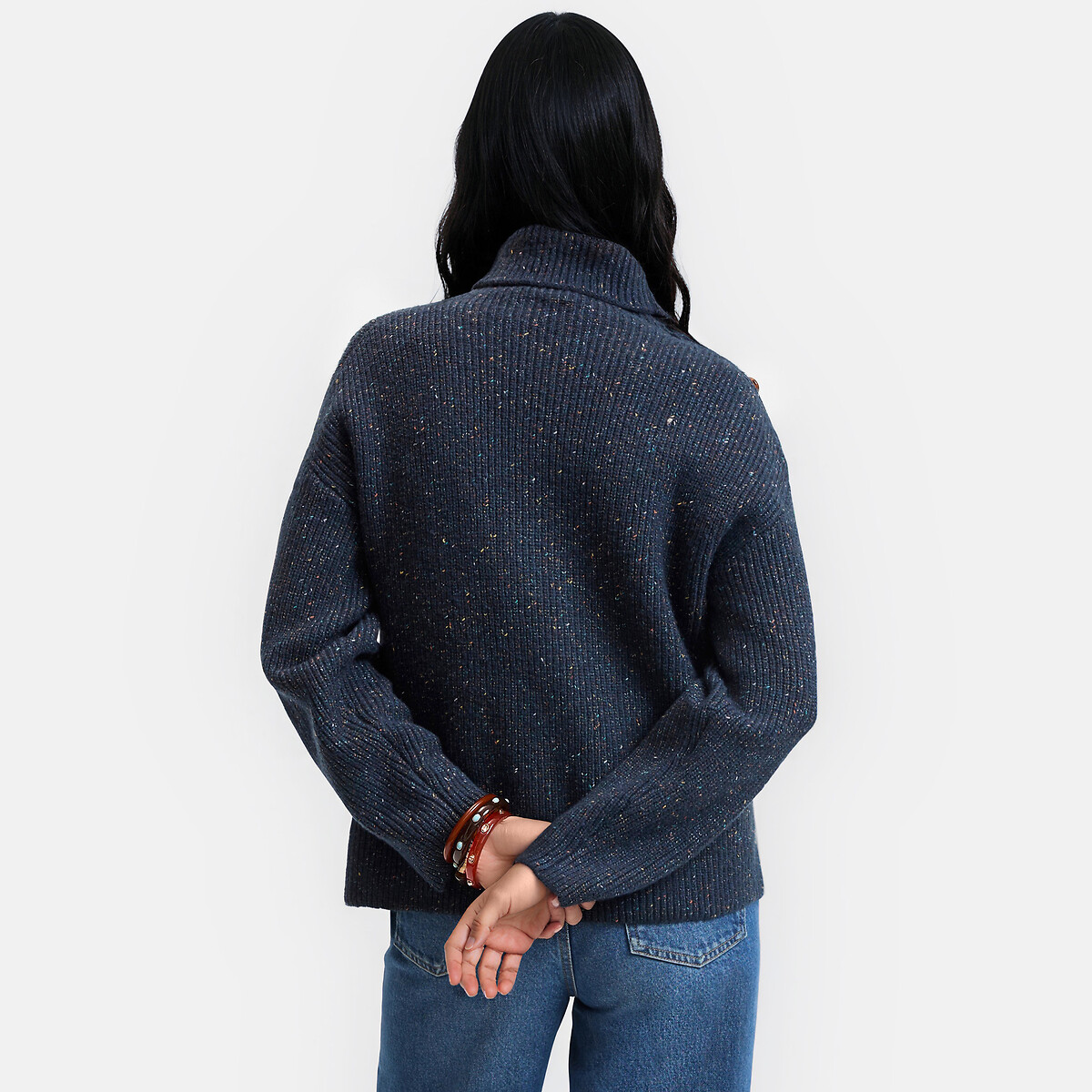 Pull chiné à col montant, avec boutons épaule marine, LA REDOUTE COLLECTIONS
