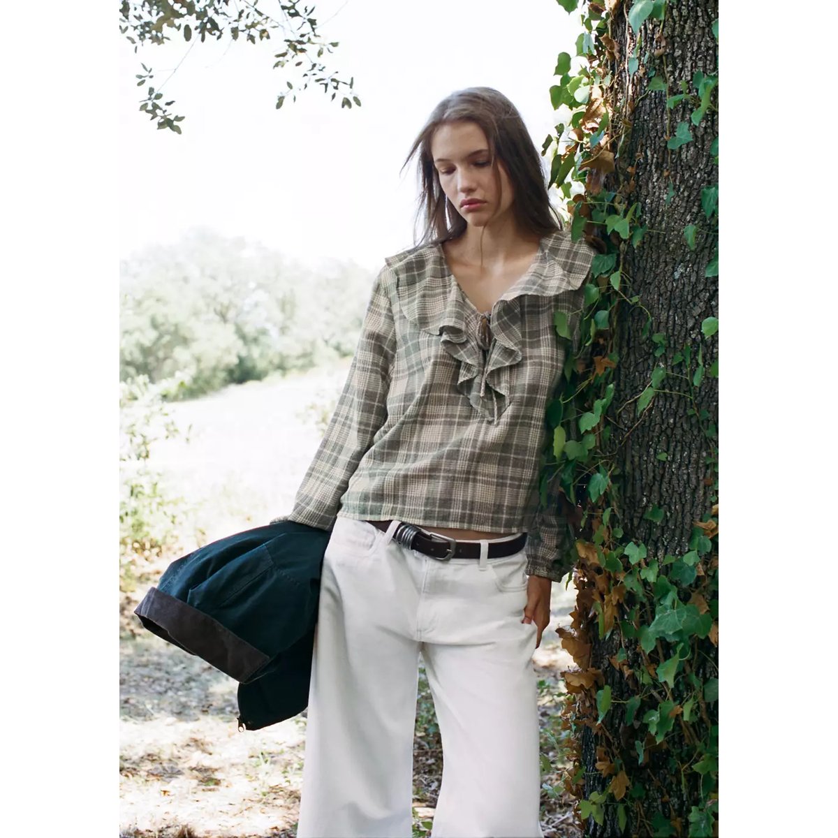 Blouse à carreaux à volant blanc cassé, MANGO TEEN