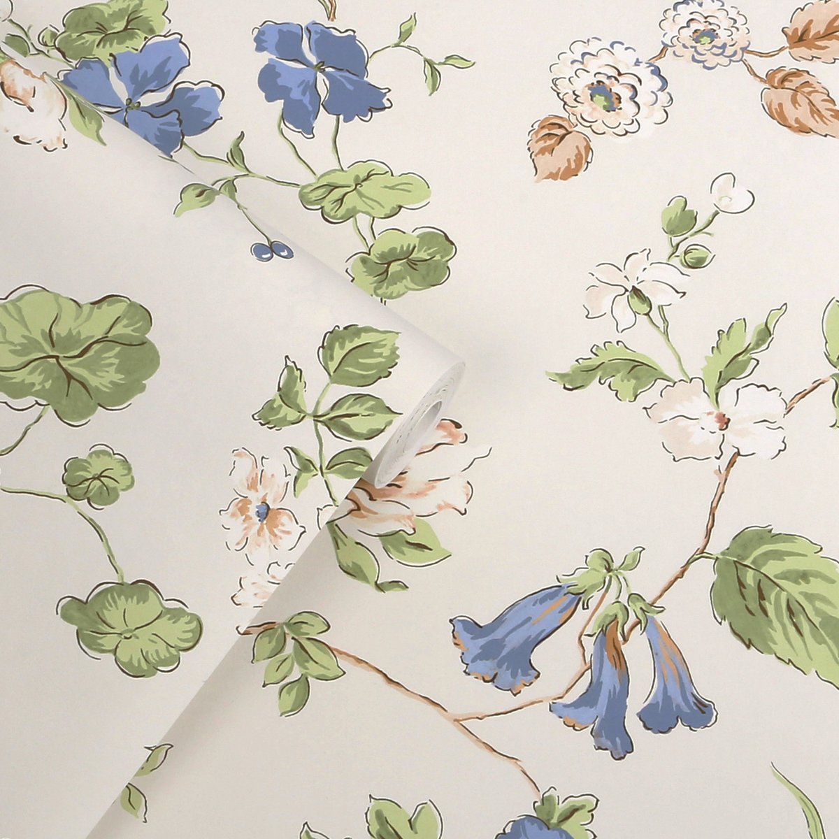 Papier peint Fleurs de capucine Pennywell Grove bleu, vert, beige, LAURA ASHLEY