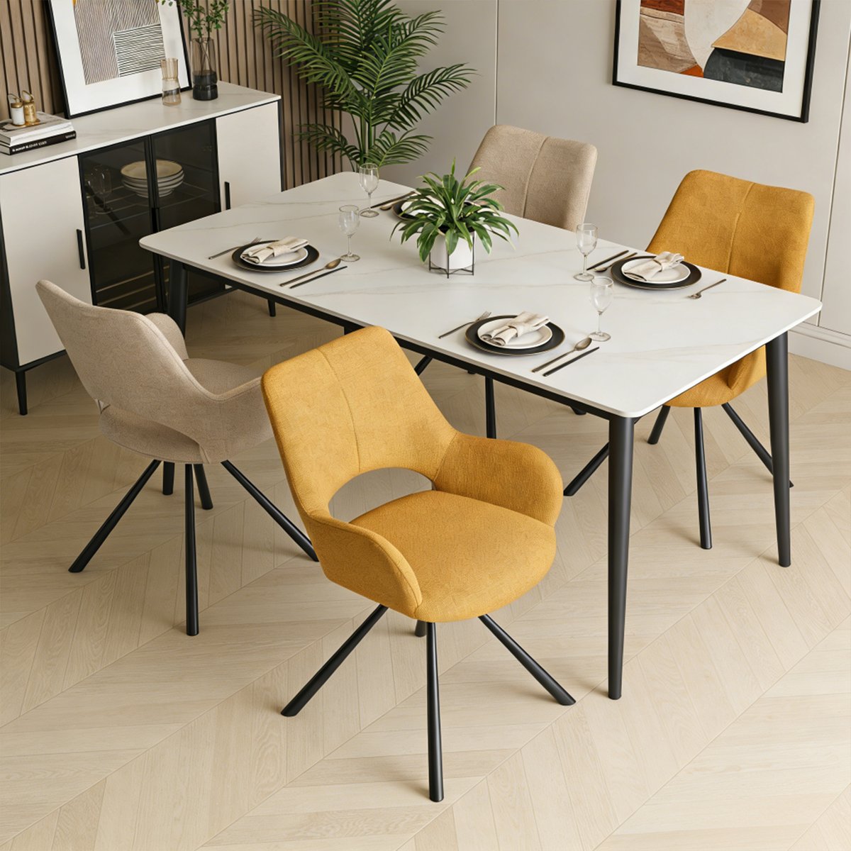 Lot de 4 chaises de salle à manger style scandinave, BETH kaki et jaune, MEUBLES COSY