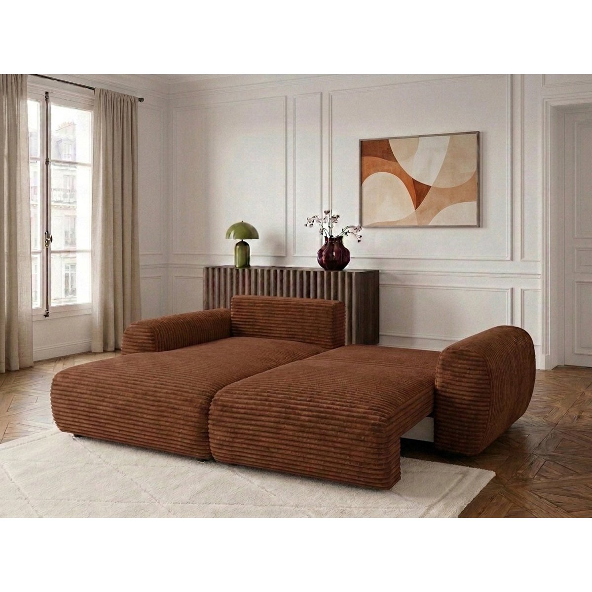 Canapé d'angle convertible 2,5 places en gros côtelé doux, LUCIEN orange, BOBOCHIC