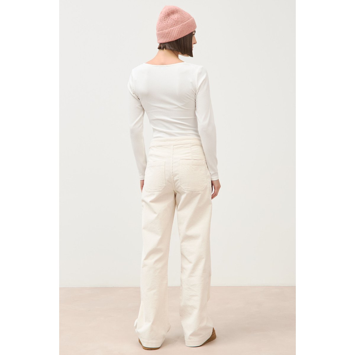 Pantalon large taille haute en velours ivoire, BONOBO