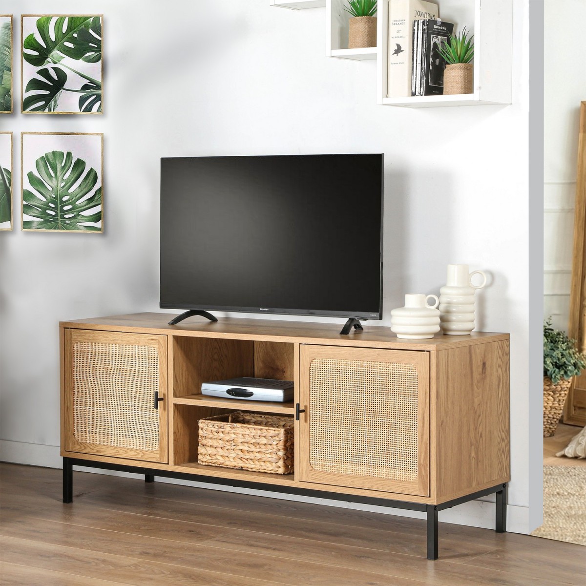 Meuble TV 2 Portes avec Cannage Rotin et 2 Niches L120cm - JAYA bois clair, CALICOSY