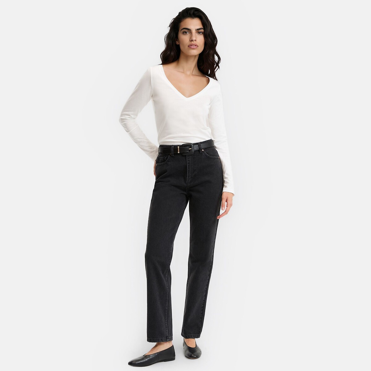 T-shirt en coton, col V, manches longues blanc, LA REDOUTE COLLECTIONS