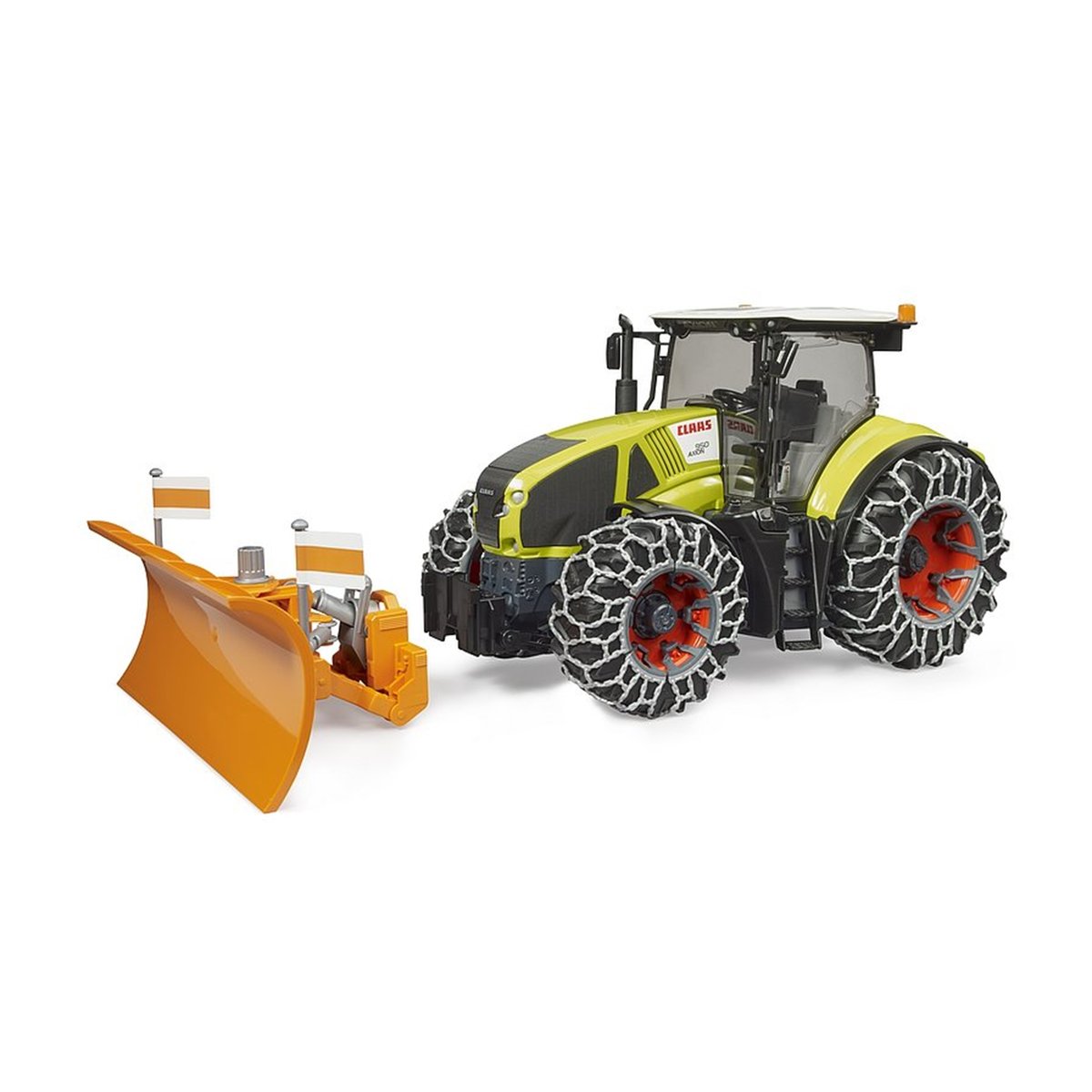 Claas Axion 950 avec chaînes à neige et lame de niveleuse multicolore, BRUDER