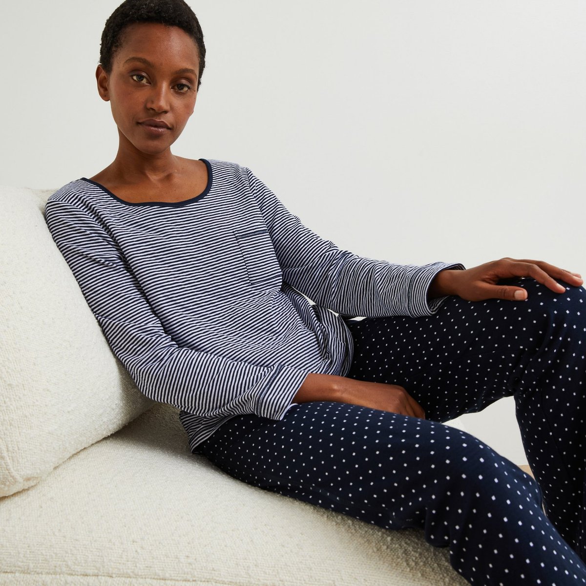 Pyjama long à rayures et pois en coton BIO marine, MONOPRIX
