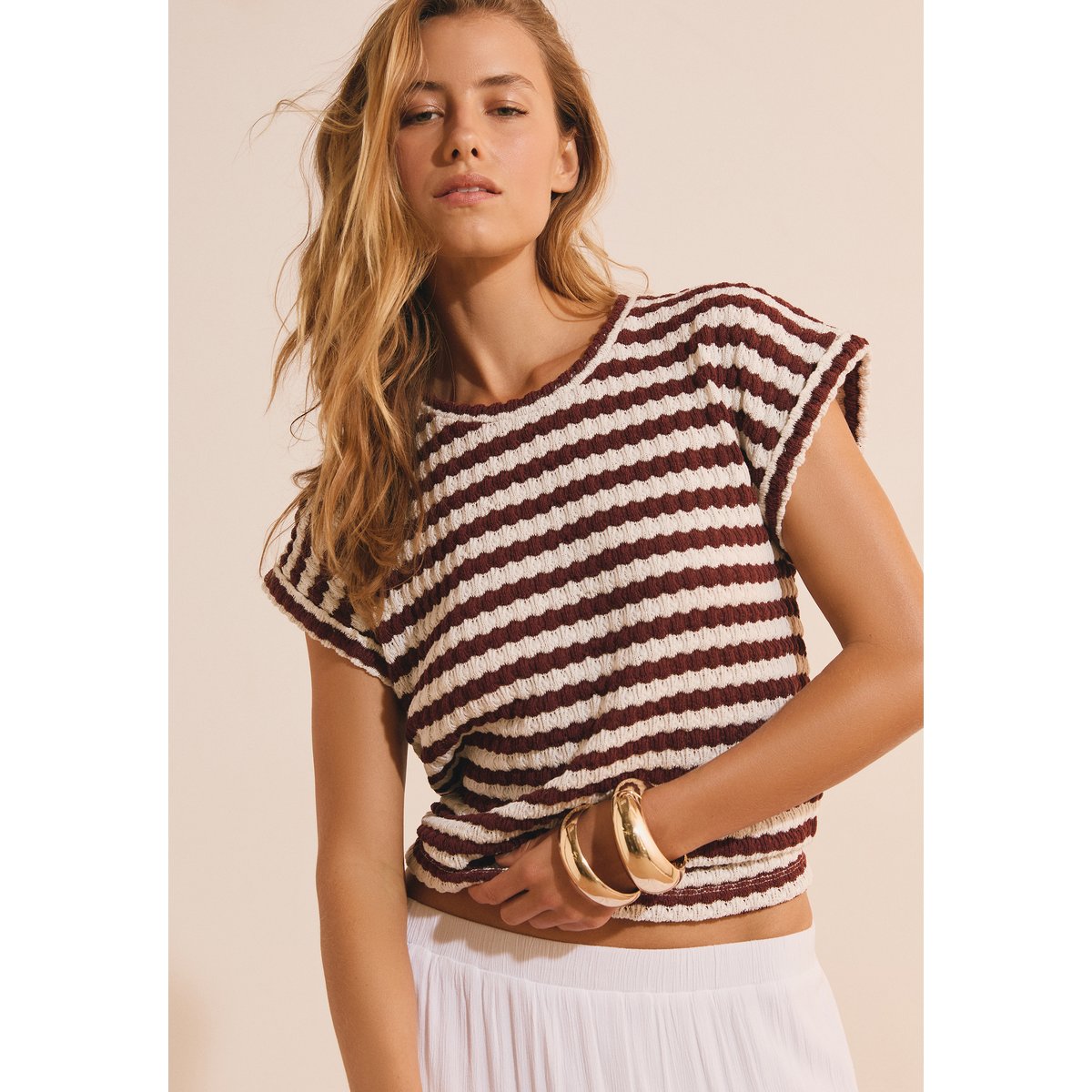 T-shirt effet crochet rayé TAHILA ecru, ETAM