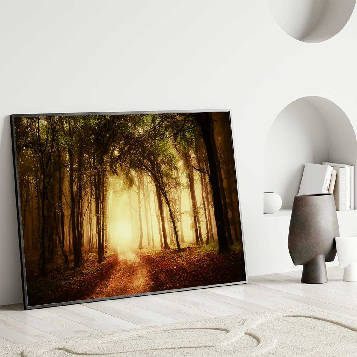 Affiche encadrée forêt dorée et chemin lumineux affiche + cadre en métal - noir, HEXOA