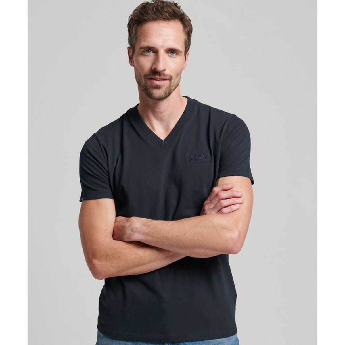 T-shirt col V vintage logo bleu marine, SUPERDRY