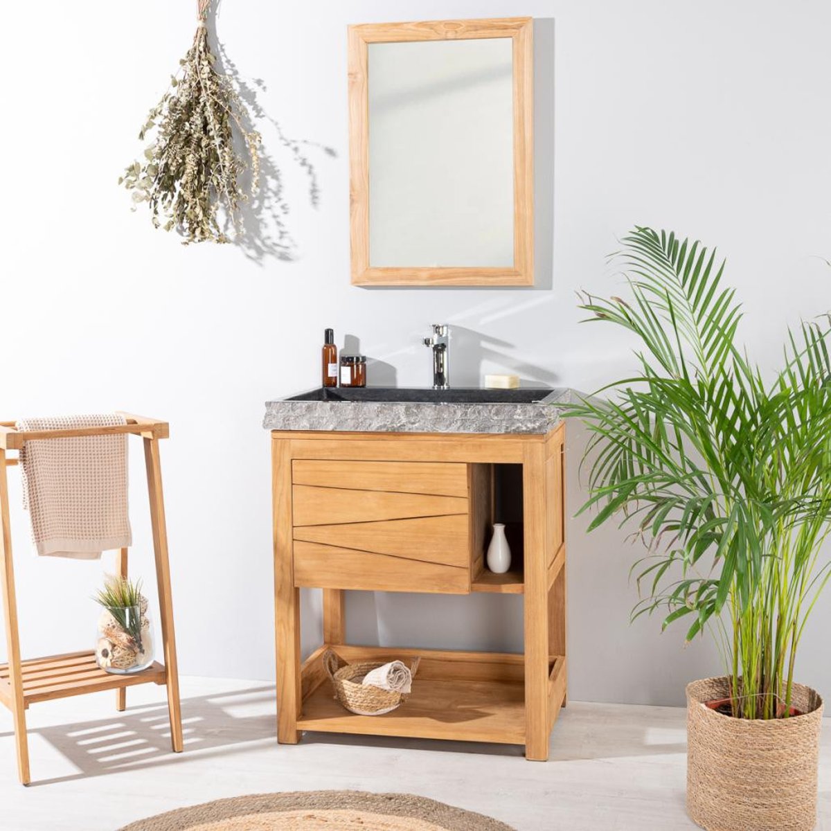 Meuble + vasque en teck massif rectangle 67cm COSY noir, WANDA COLLECTION