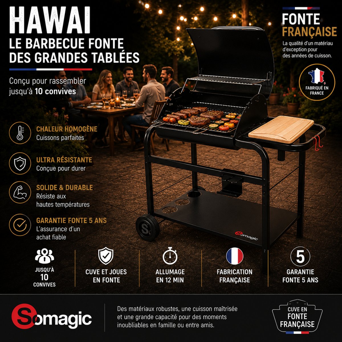 Barbecue à charbon avec cuve en fonte noir, noir, noir, SOMAGIC