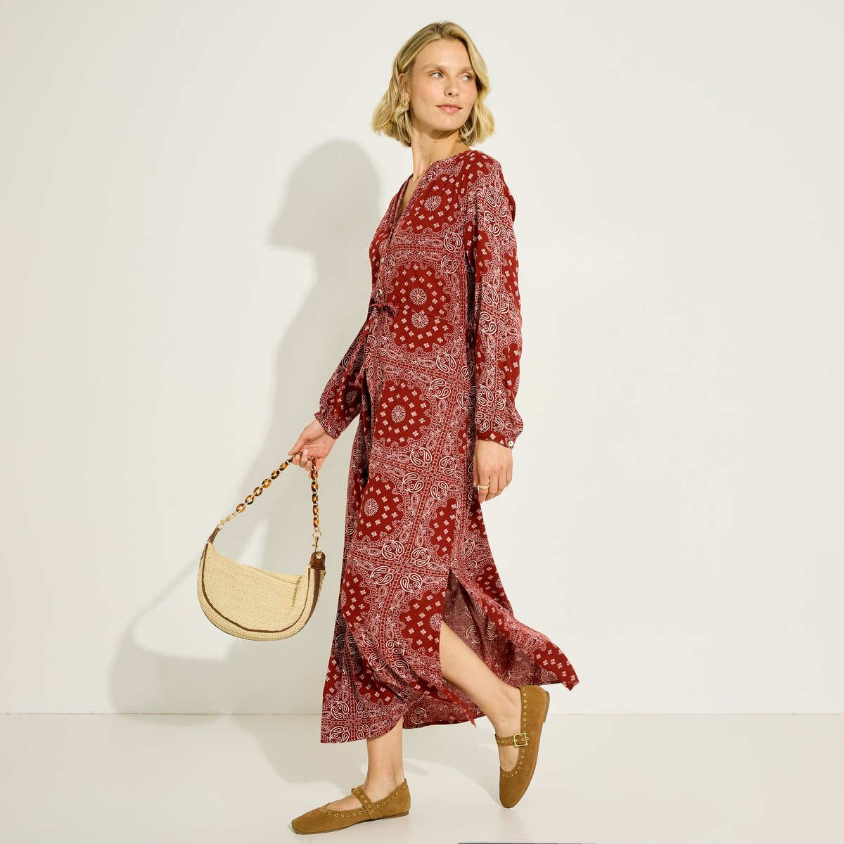 Robe longue bohème à imprimé bandana orange bordeaux, GRAIN DE MALICE