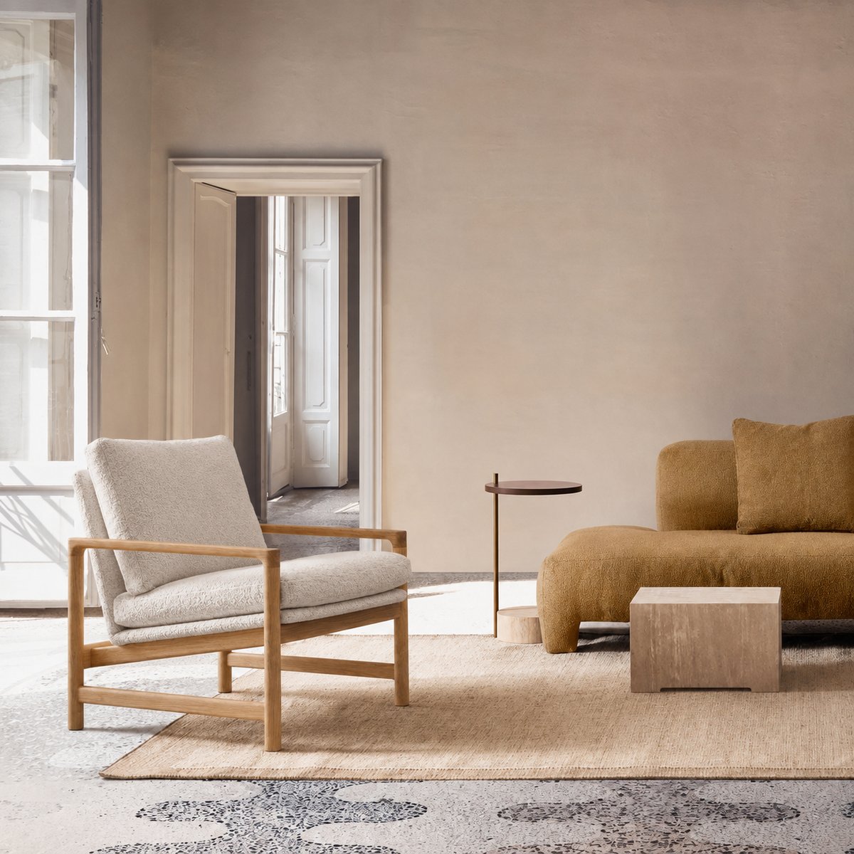 Fauteuil, Chêne massif et tissu bouclé, TROUBADOUR chêne clair / bigello milk, ALTASSINA