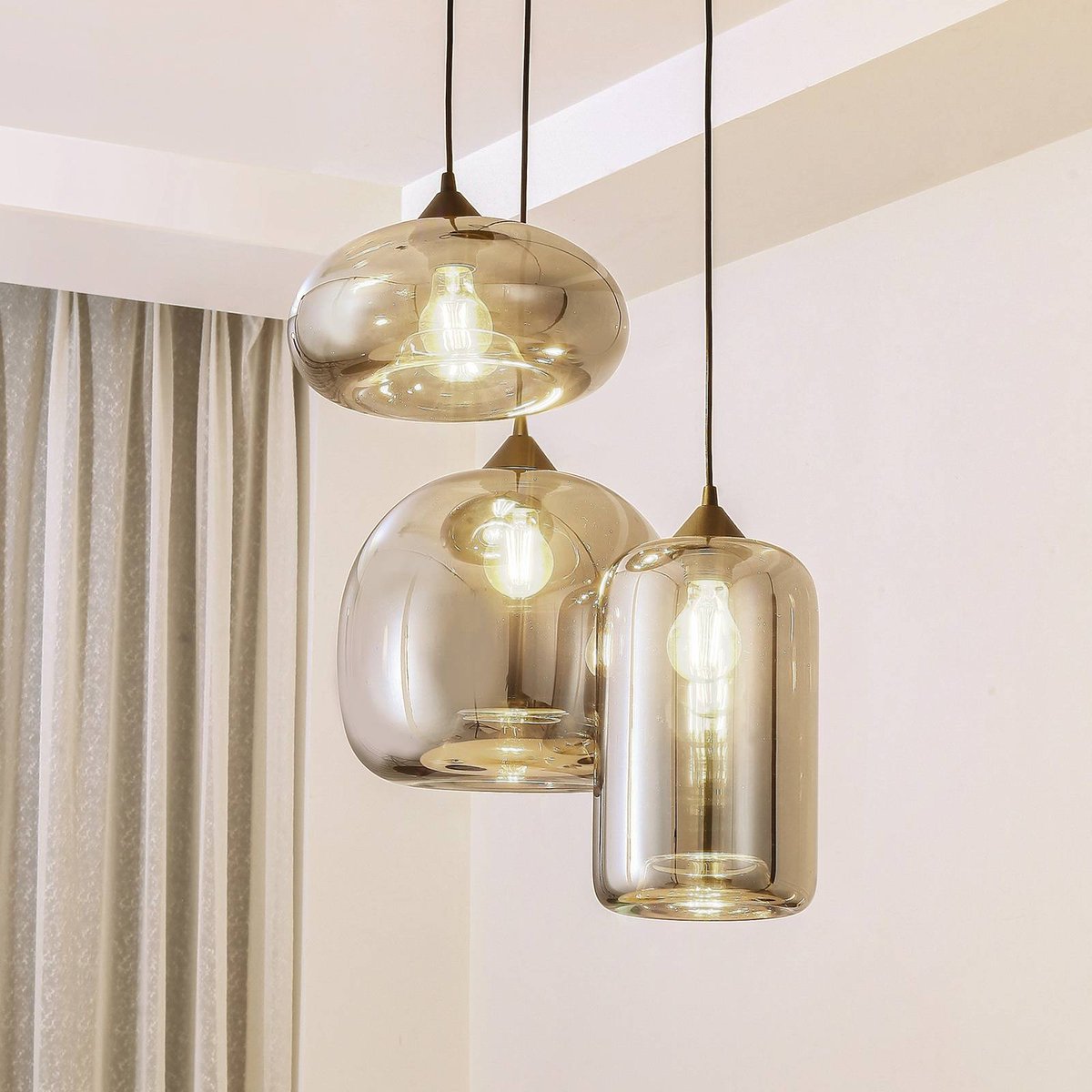 Suspension en verre moderne, Marla noir, gris fumé, LINDBY