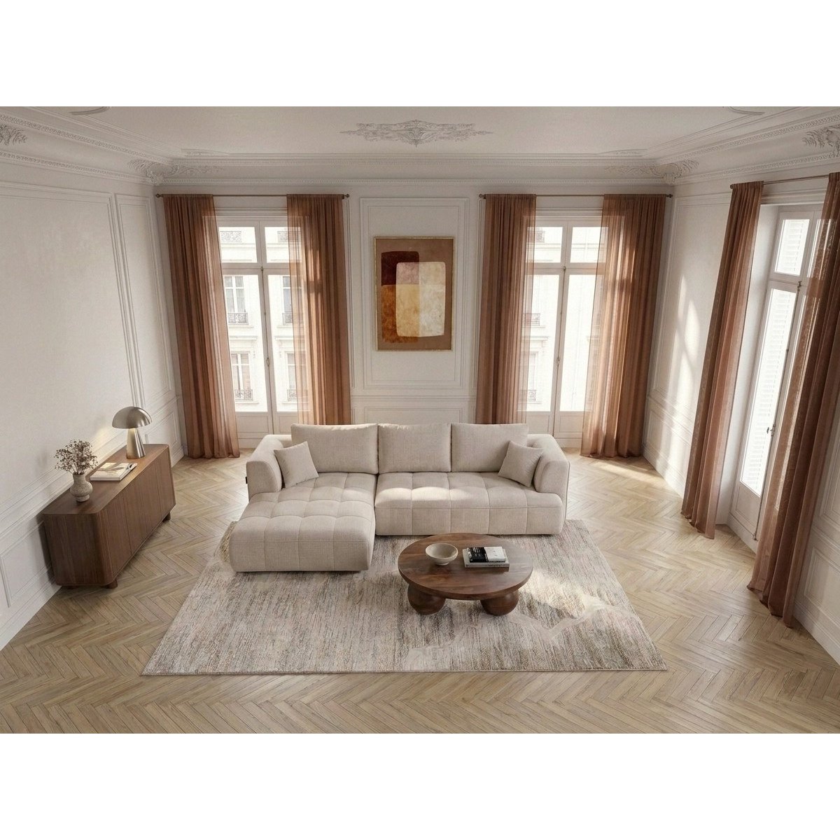 Canapé droit convertible 3 places en tissu lisse, CLOVIS beige, BOBOCHIC