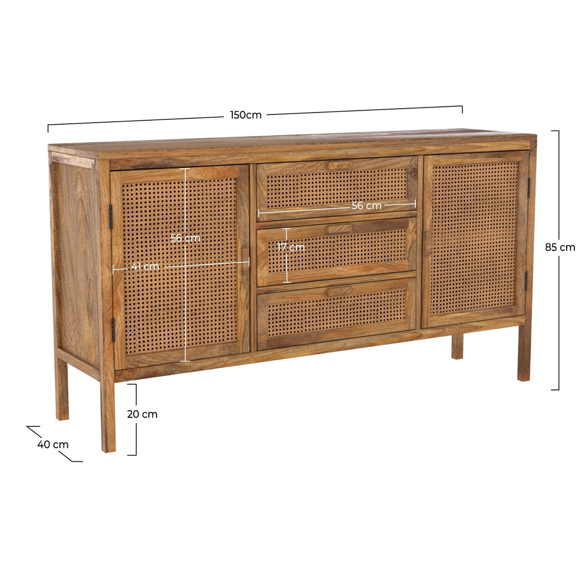 Buffet en bois de manguier cannage 2 portes 3 tiroirs - TIKI bois clair, MAISON PAVANE
