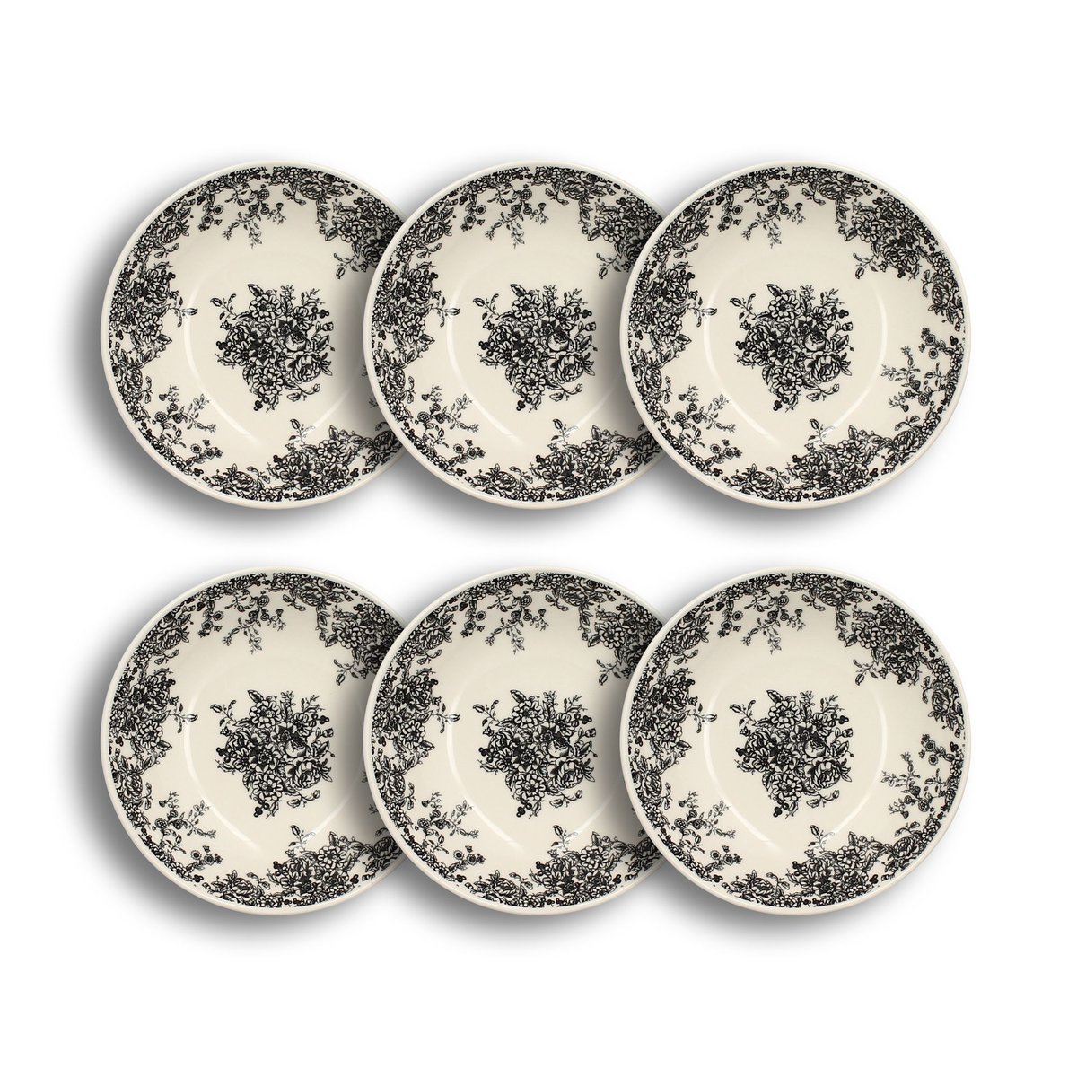 Lot de 6 assiettes creuses en grès 20,5cm, FLORALI noir, NOVASTYL
