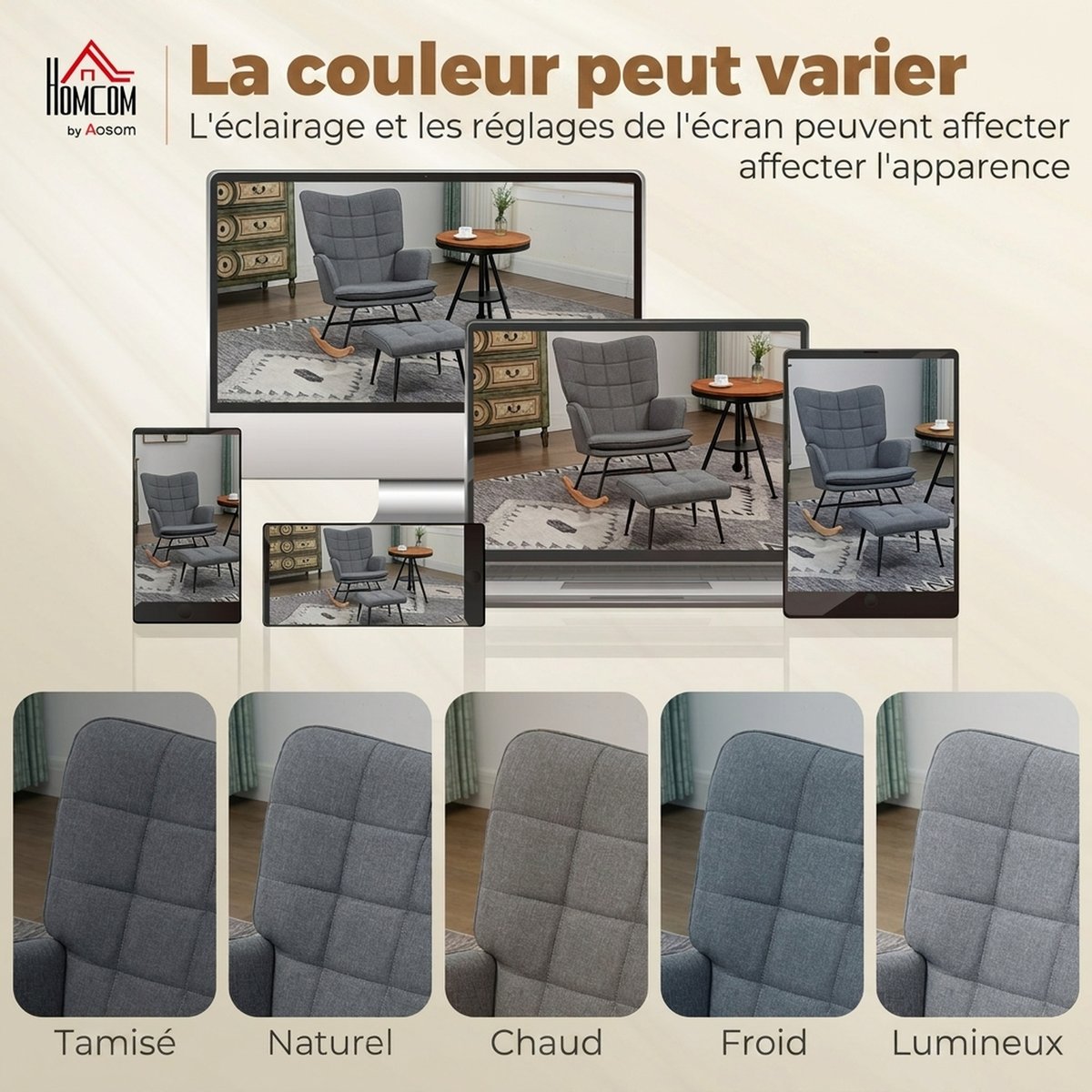Ensemble de fauteuils à bascule Tissu aspect gris, bois naturel et noir, HOMCOM