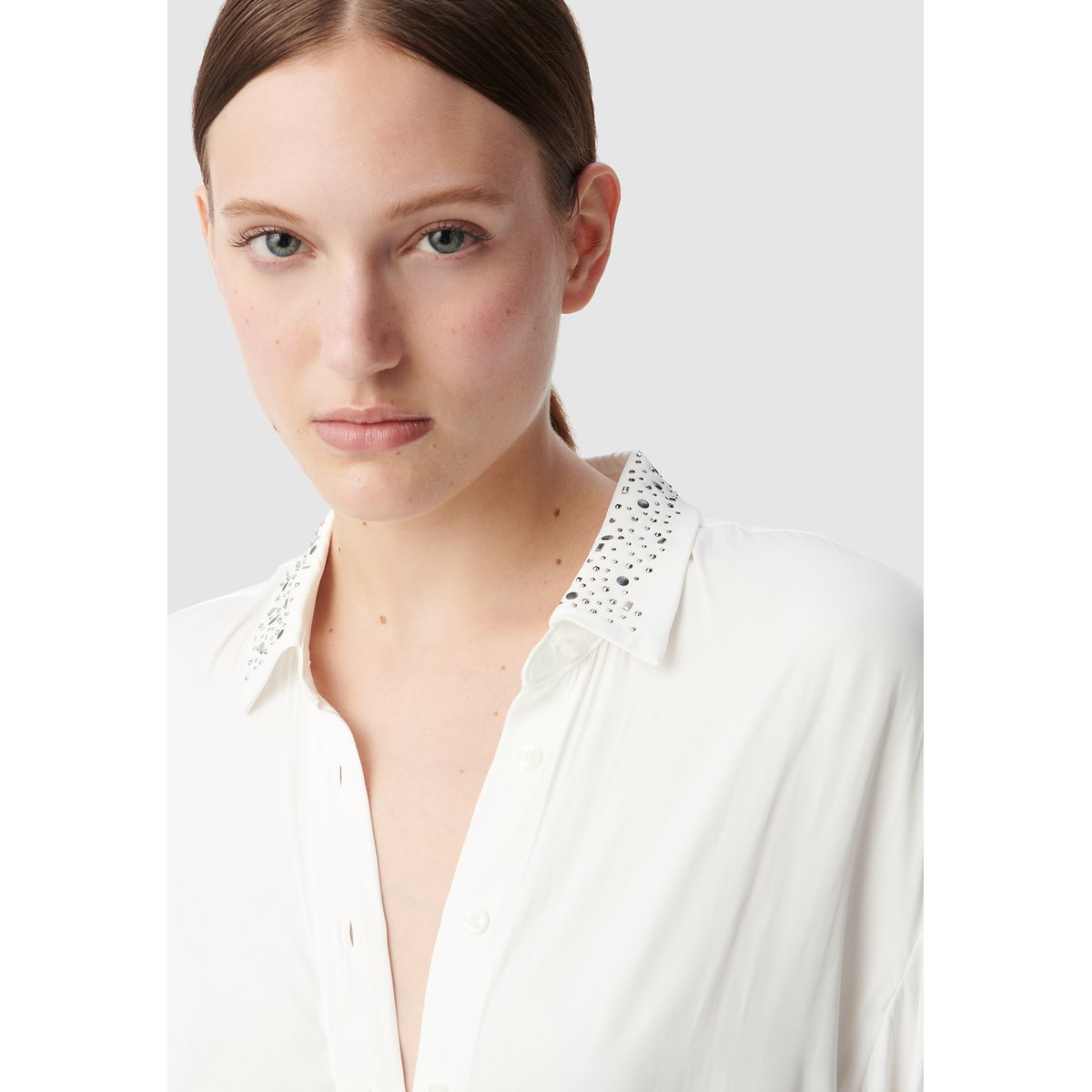 Chemise recyclée décor clous et strass blanc cassé, IKKS