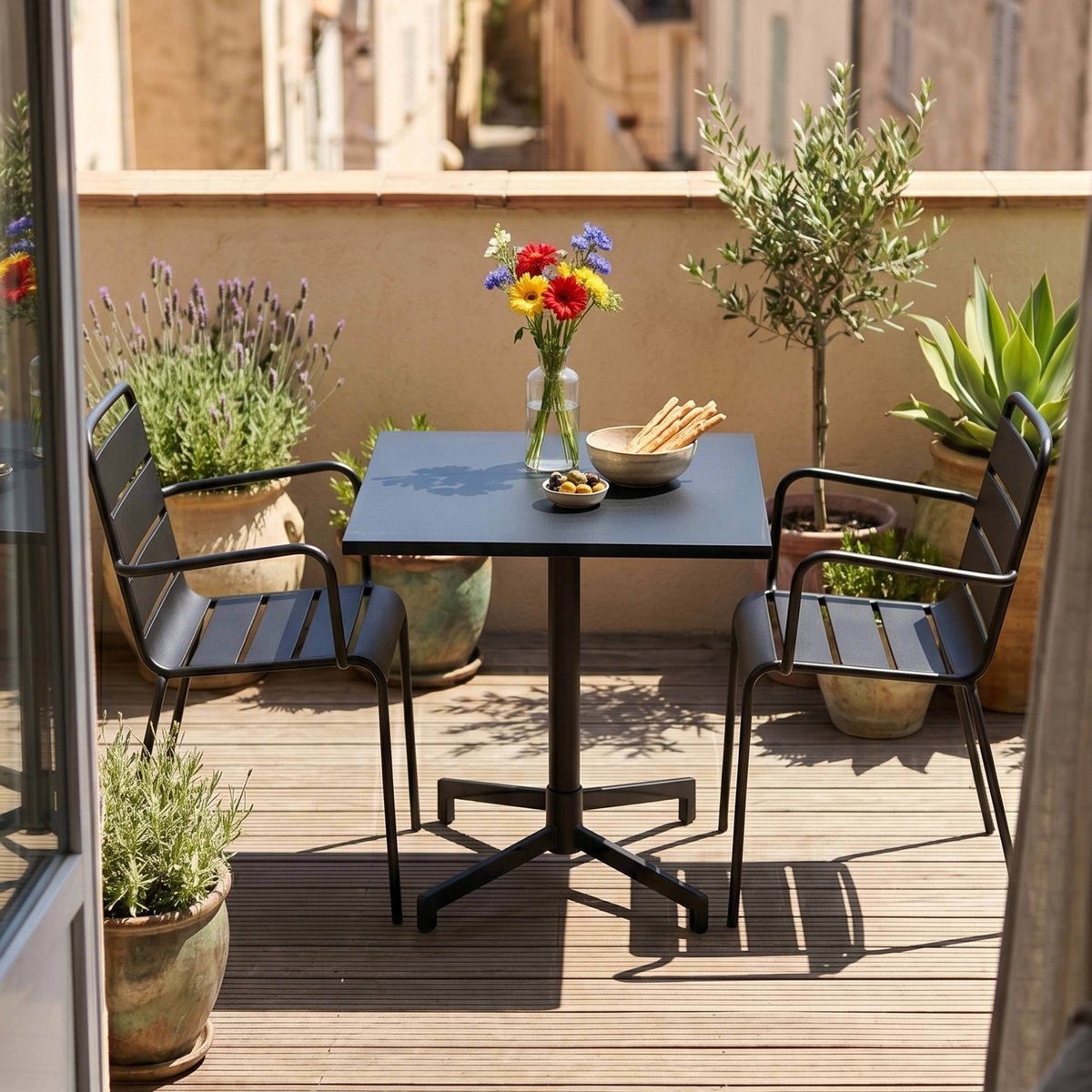 Table de jardin bistrot carrée inclinable en métal 70x70 cm et 2 chaises avec accoudoirs, PALAVAS noir, OVIALA