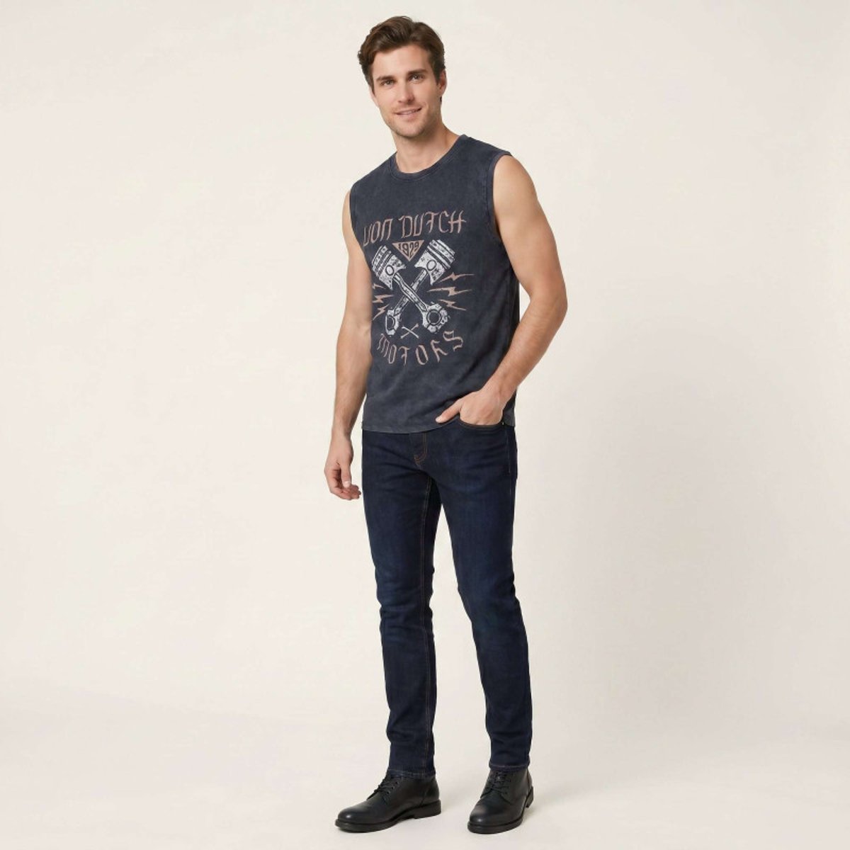 Débardeur homme col rond en jersey acid wash Sept gris/blanc/beige, VON DUTCH