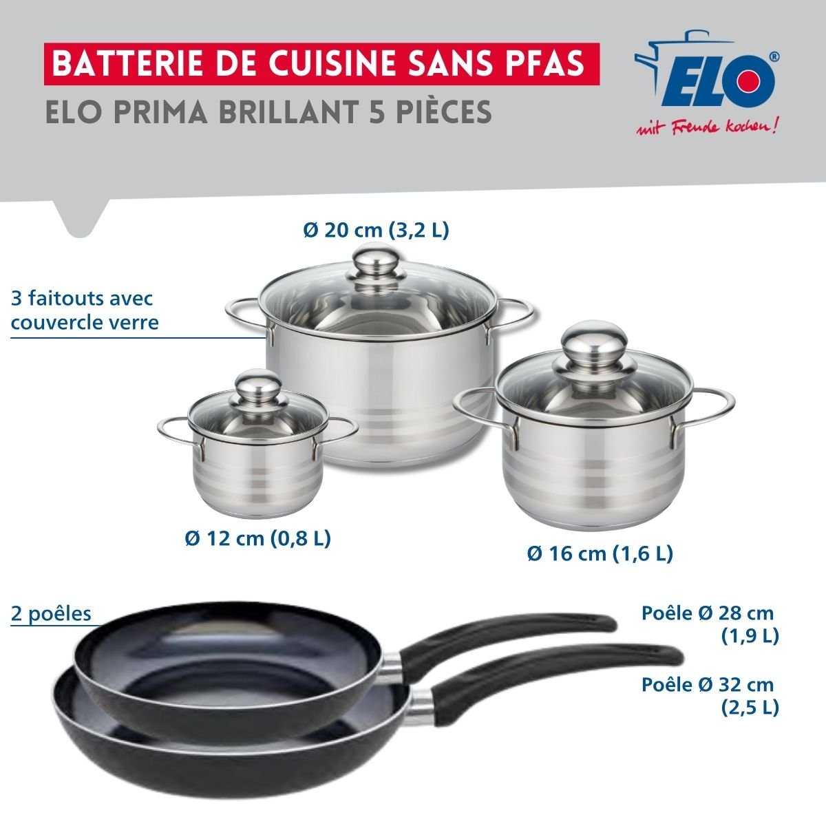 Batterie 2 poêles 28/32cm + 3 faitouts 12/16/20cm PRIMA BRILLANT noir, ELO