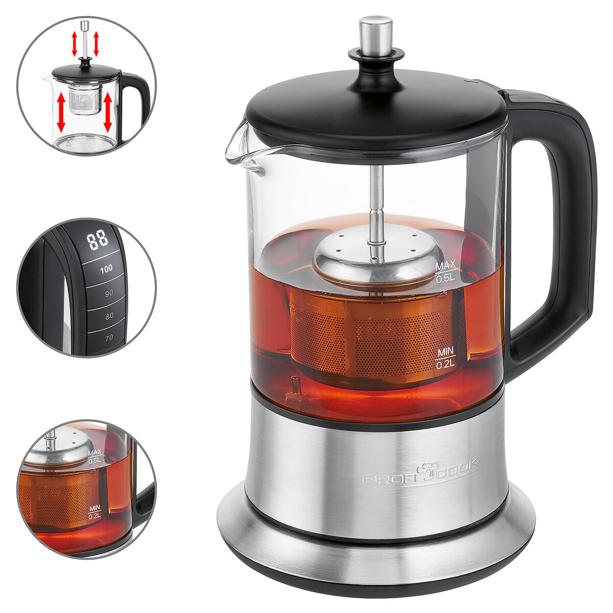 Jarro elétrico 2 em 1, 800 W, da Proficook inox, PROFICOOK