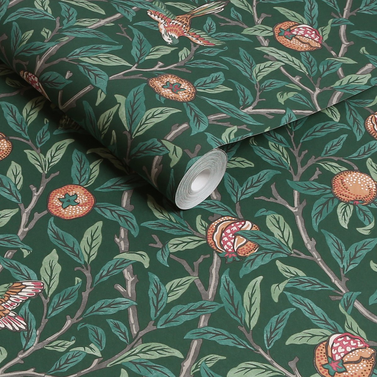 Papier peint Oiseaux et fleurs de grenadier du printemps vert, corail, WILLIAM MORRIS AT HOME