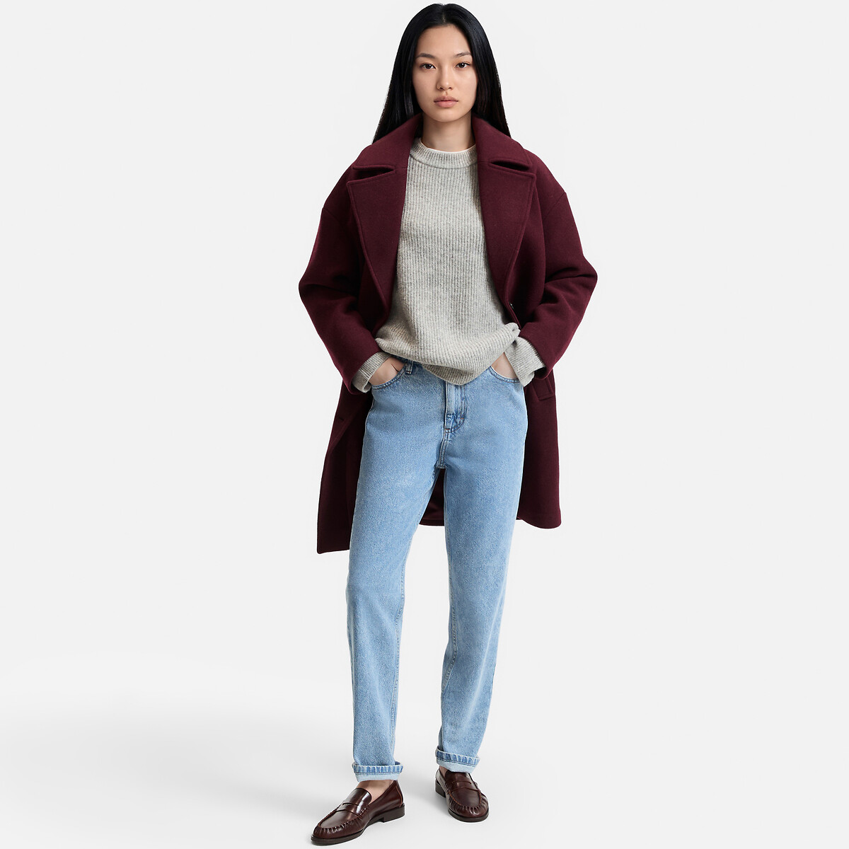 Pull col rond maille côtelée, volume ample gris chiné, LA REDOUTE COLLECTIONS