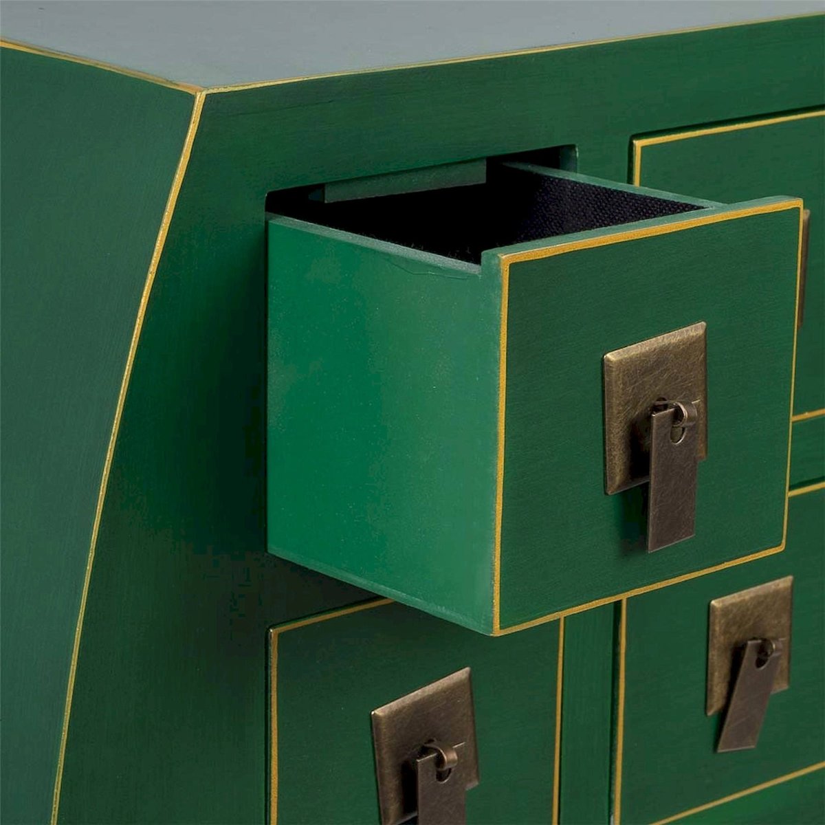 Console art déco rectangulaire en métal 8 tiroirs 2 portes vert art déco patiné, RECOLLECTION