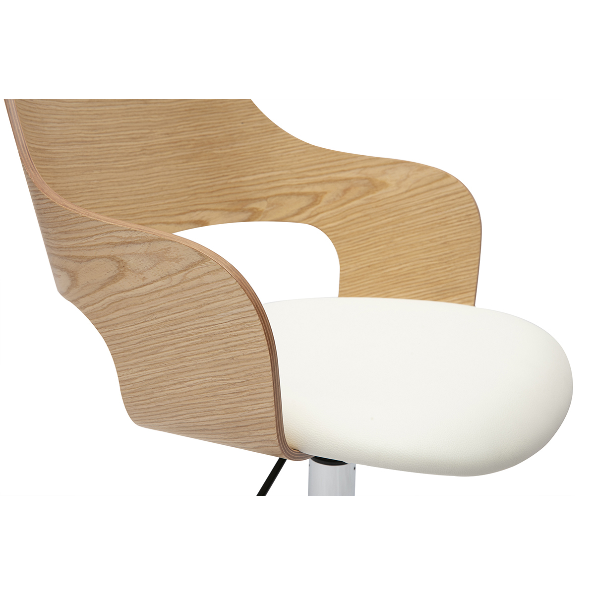 Chaise de bureau à roulettes design blanc, bois clair chêne et acier chromé JANET blanc, MILIBOO