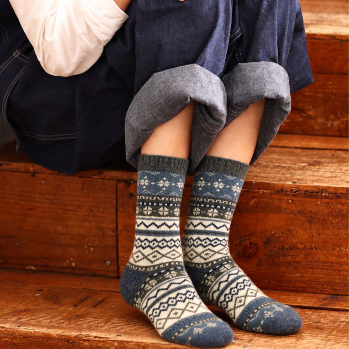Mi-chaussette femme KINDY en laine acrylique – Jacquard bleu gris, KINDY
