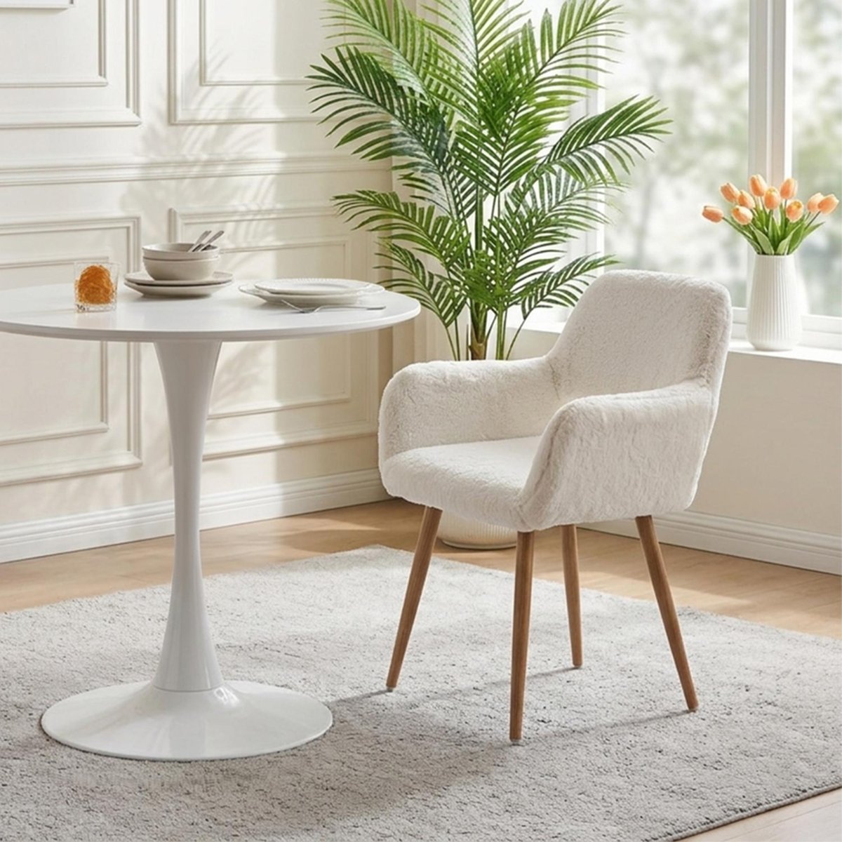 Lot de 2 chaises de salle à manger fauteuil scandinaves en tissu effet poil de lapin, CROMWELL PELUCHE blanc, MEUBLES COSY