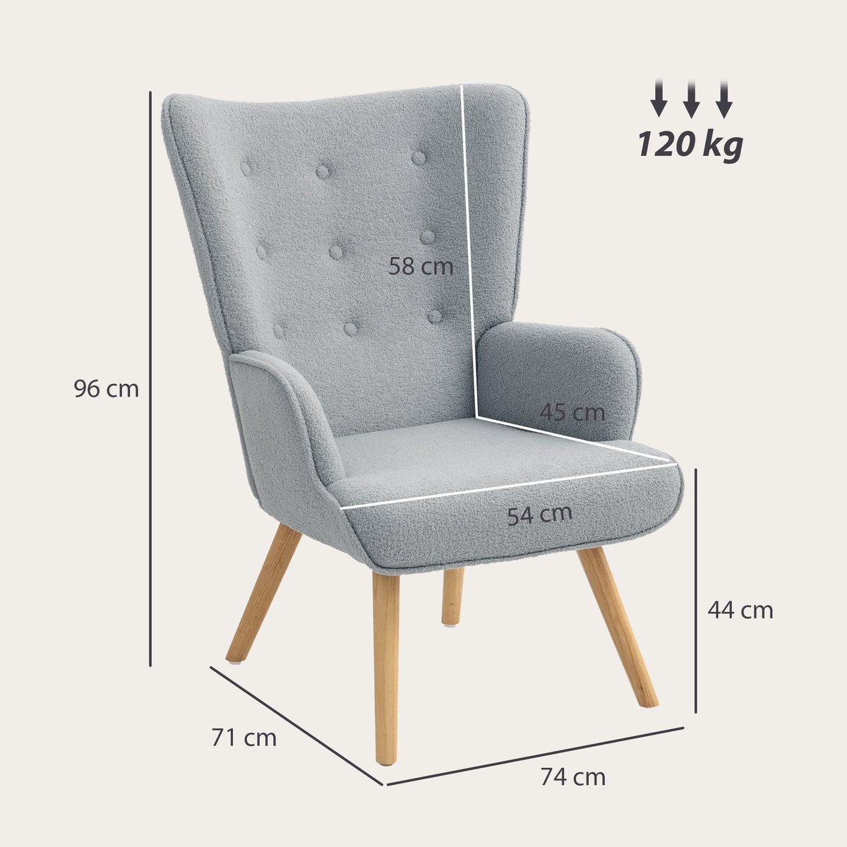 Accent Chair Tissu bouclette (100% polyester) gris, HOMCOM