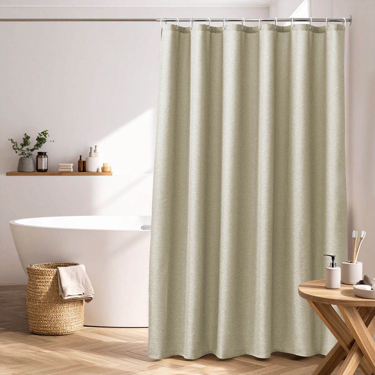 Rideau de douche uni aspect chambray avec crochets naturel, DOUCEUR D'INTÉRIEUR