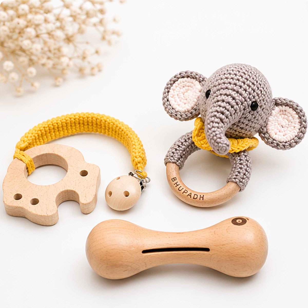 Coffret de 3 hochets en coton et bois naturel SENSO elephant, SEVIRA KIDS