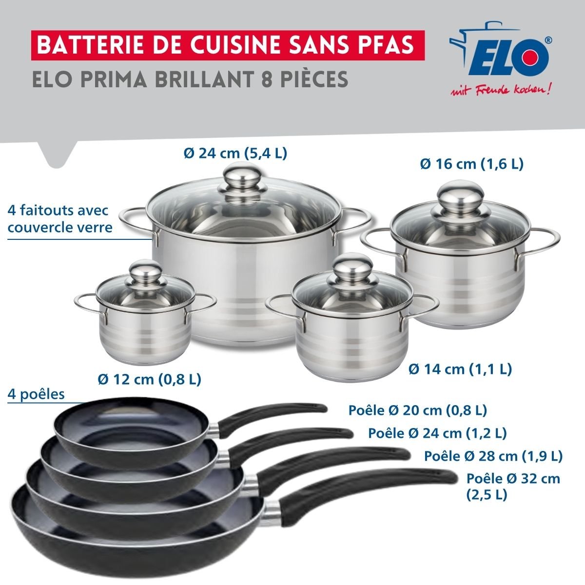 4 poêles 20/24/28/32cm + 4 faitouts 12/14/16/24cm PRIMA BRILLANT noir, ELO