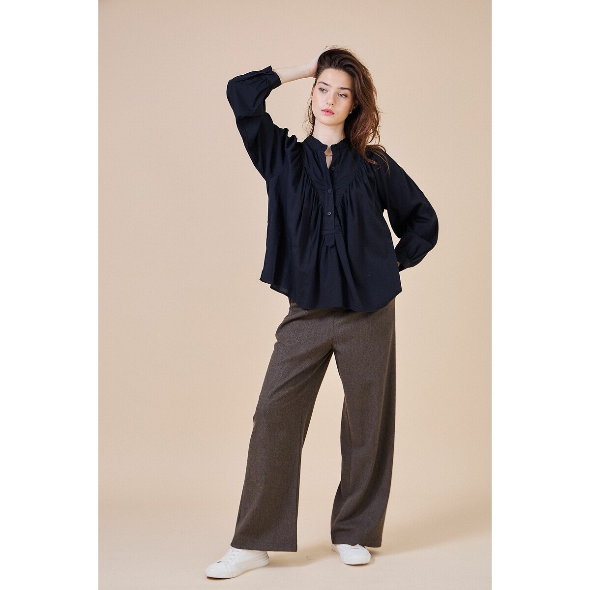 Mandarin Collar Blouse with Button Fastening black, SEE U SOON