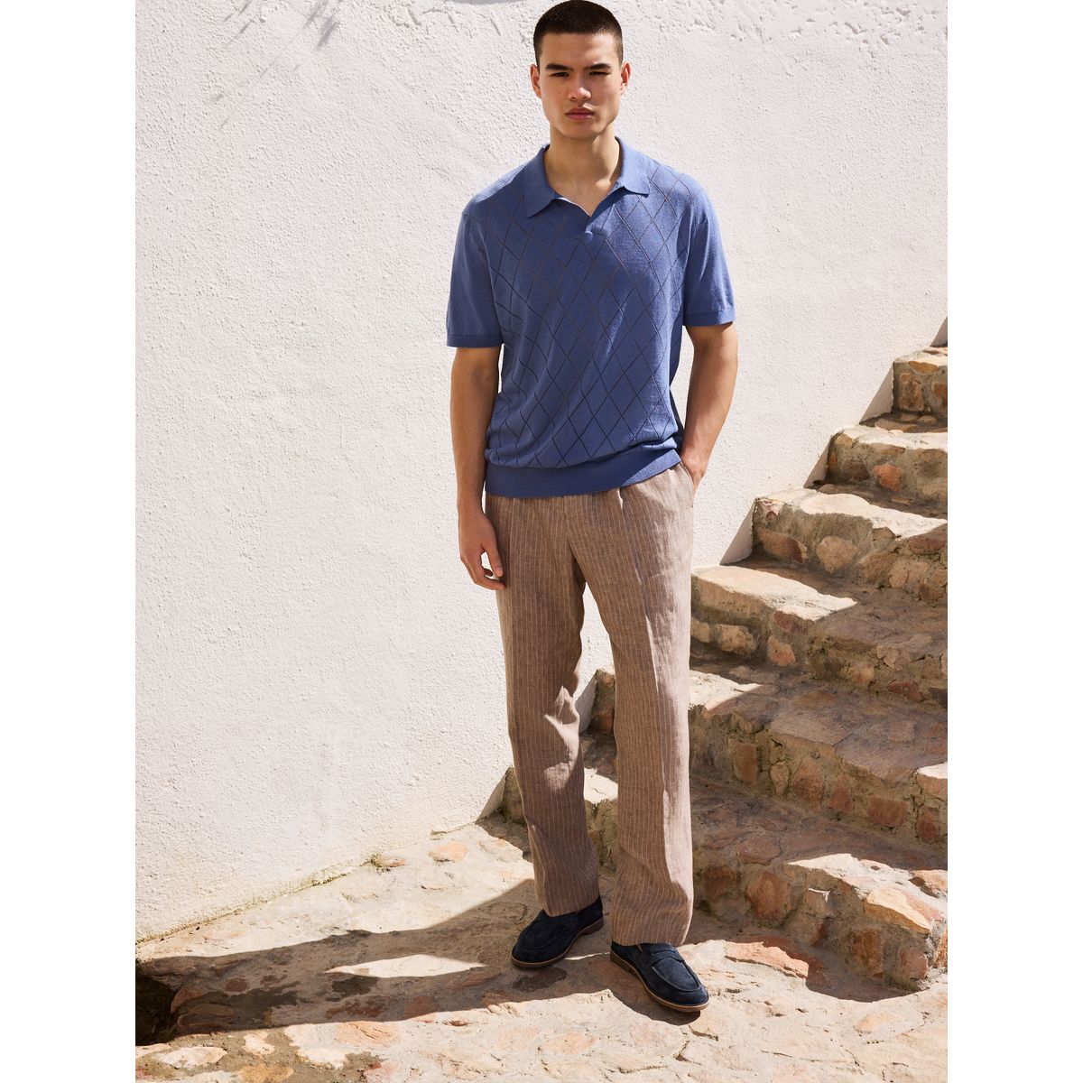 Polo col trophy en lin majoritaire n. premium argyle bleu, NEXT