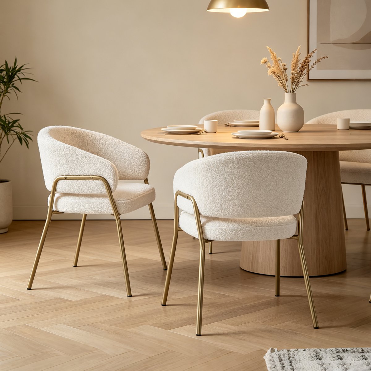Lot de 2 fauteuils de salle à manger modernes en tissu bouclette, JERRIES blanc, MEUBLES COSY