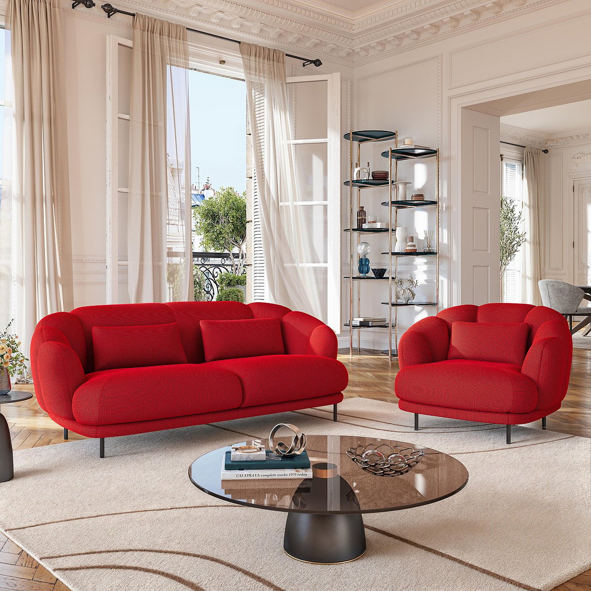 Fauteuil droit tissu PARATY rouge, HABITAT