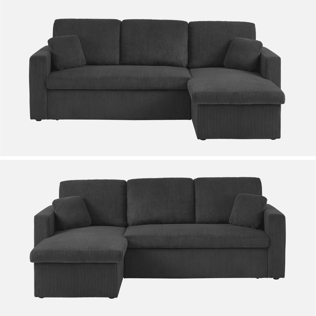 Canapé d'angle convertible réversible 3 places velours côtelé grosse côte avec coffre IDA gris foncé, SWEEEK