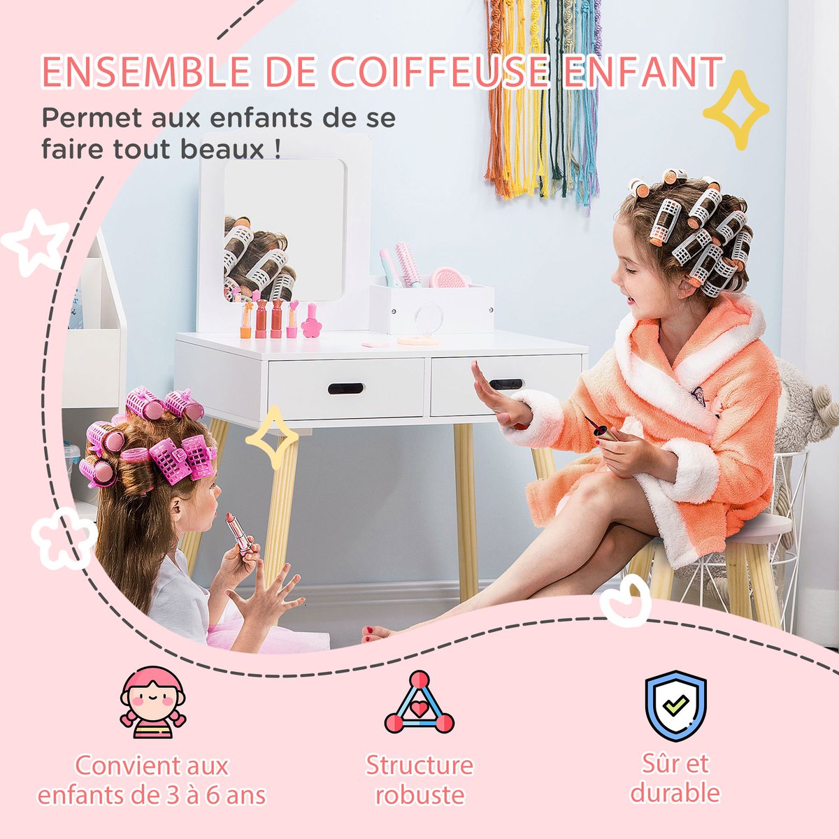 Ensemble de coiffeuse pour enfants MDF Blanc blanc et bois, ZONEKIZ
