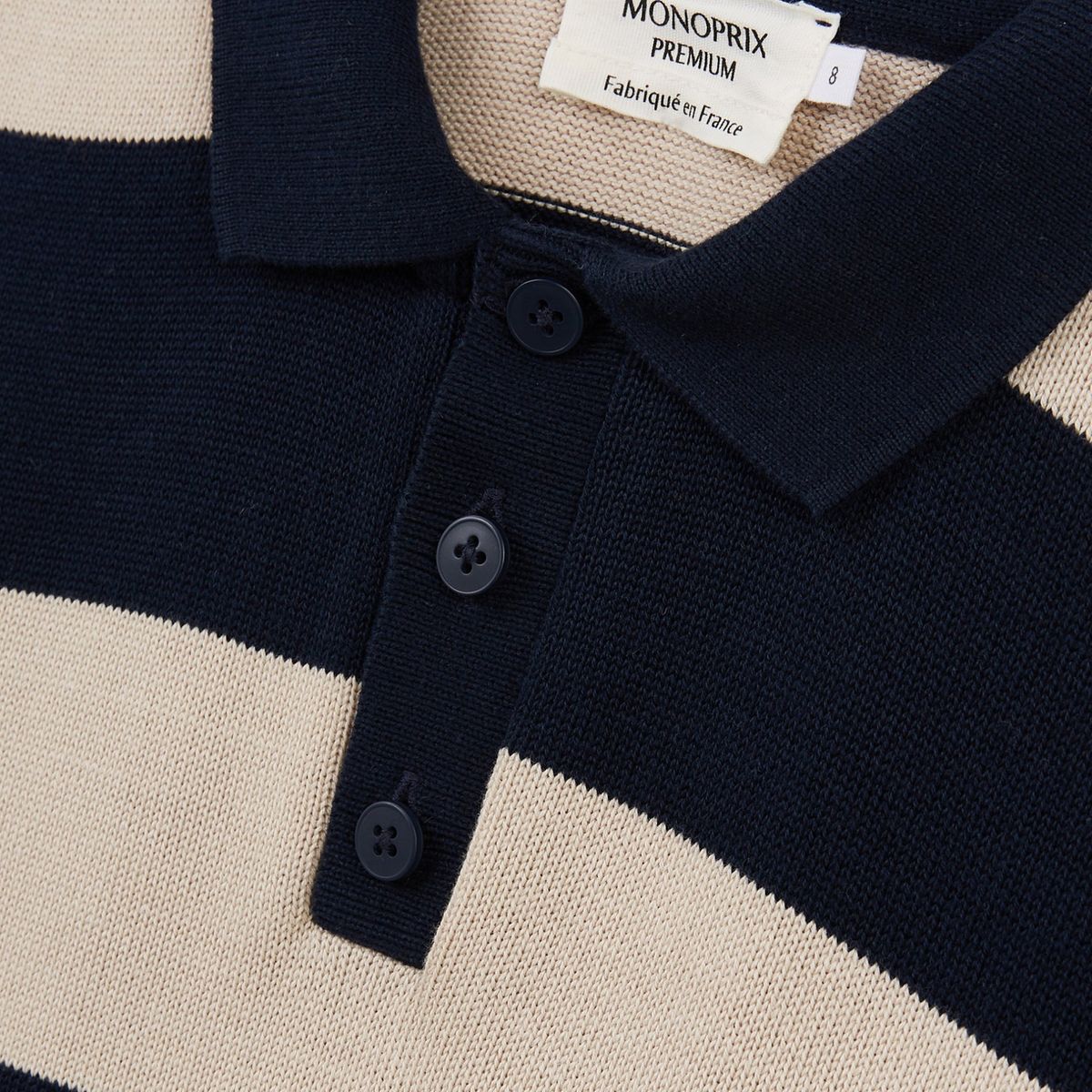 Polo manches longues à rayures fabriqué en France en coton BIO marine, MONOPRIX