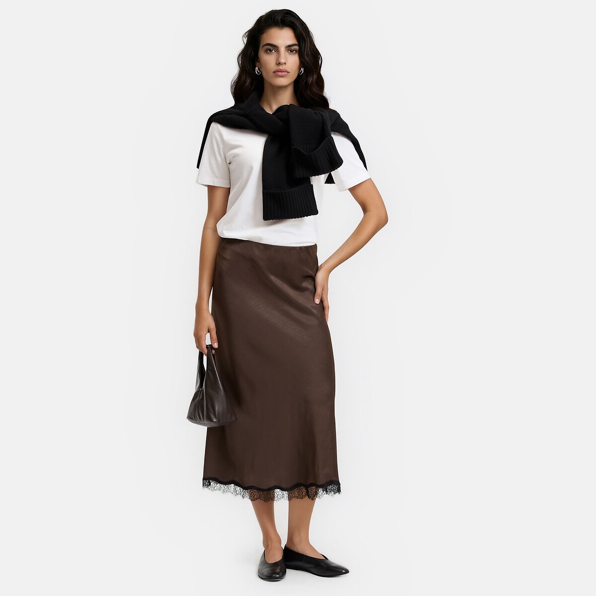Satin/Lace Elasticated Waist Maxi Skirt brown, LA REDOUTE COLLECTIONS