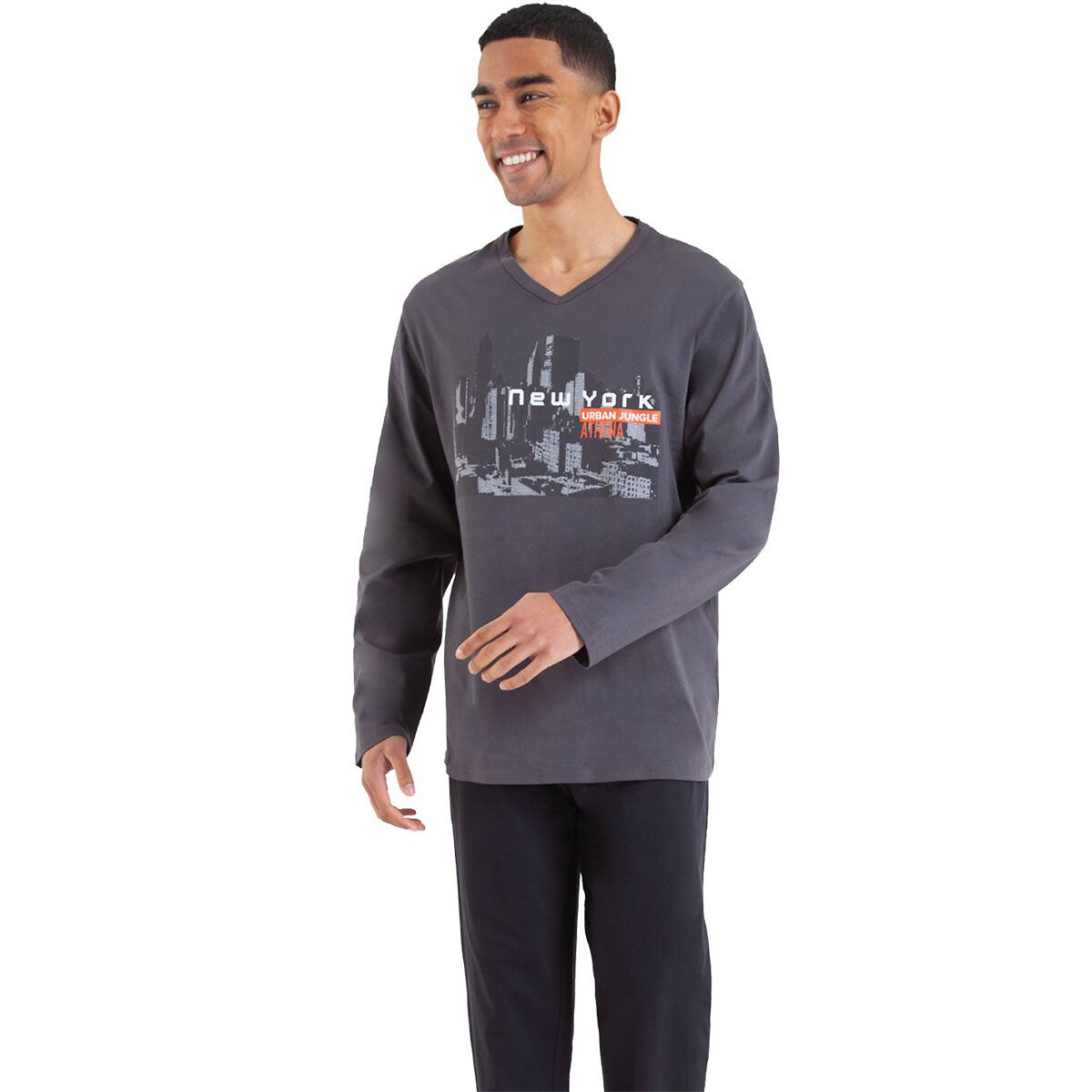 Pyjama long col V gris anthracite-noir, ATHENA