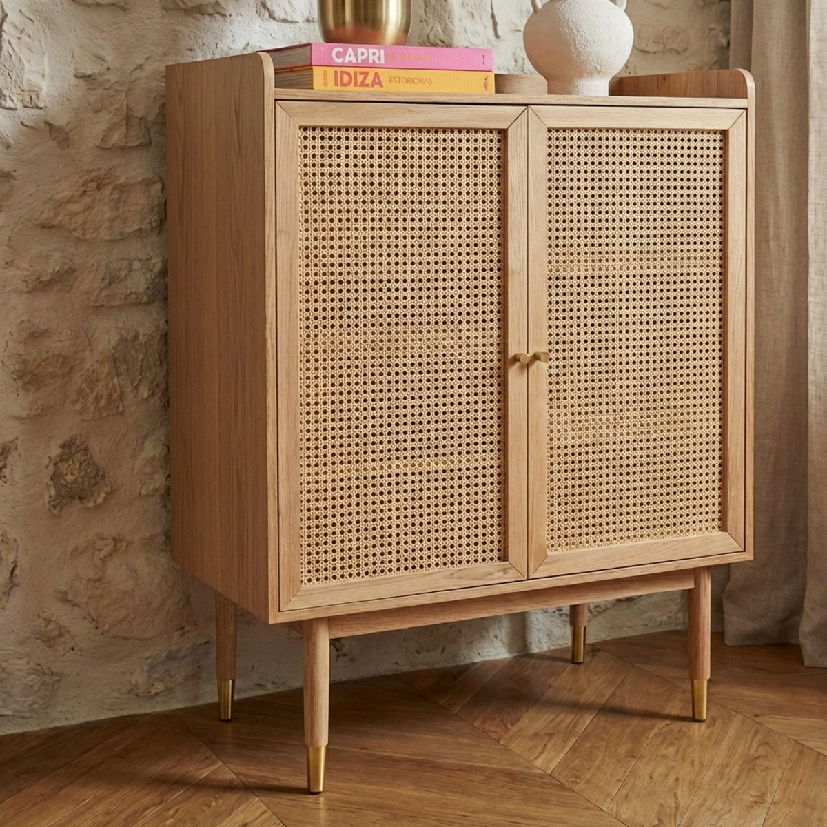 Buffet 2 portes en cannage rotin LEON chêne clair, SORELH